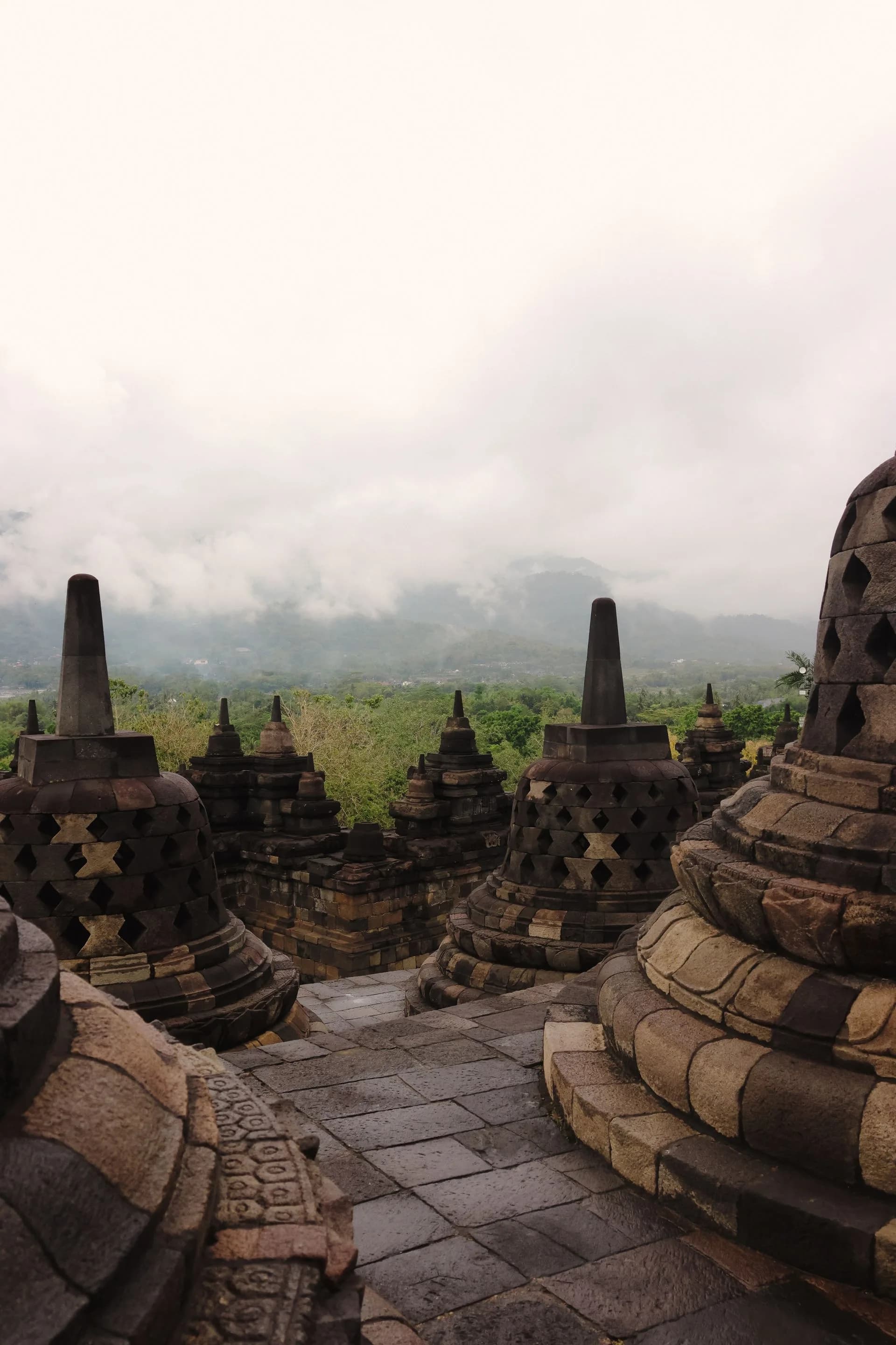 Stupas du temple de Borobudur dans la brume du matin
